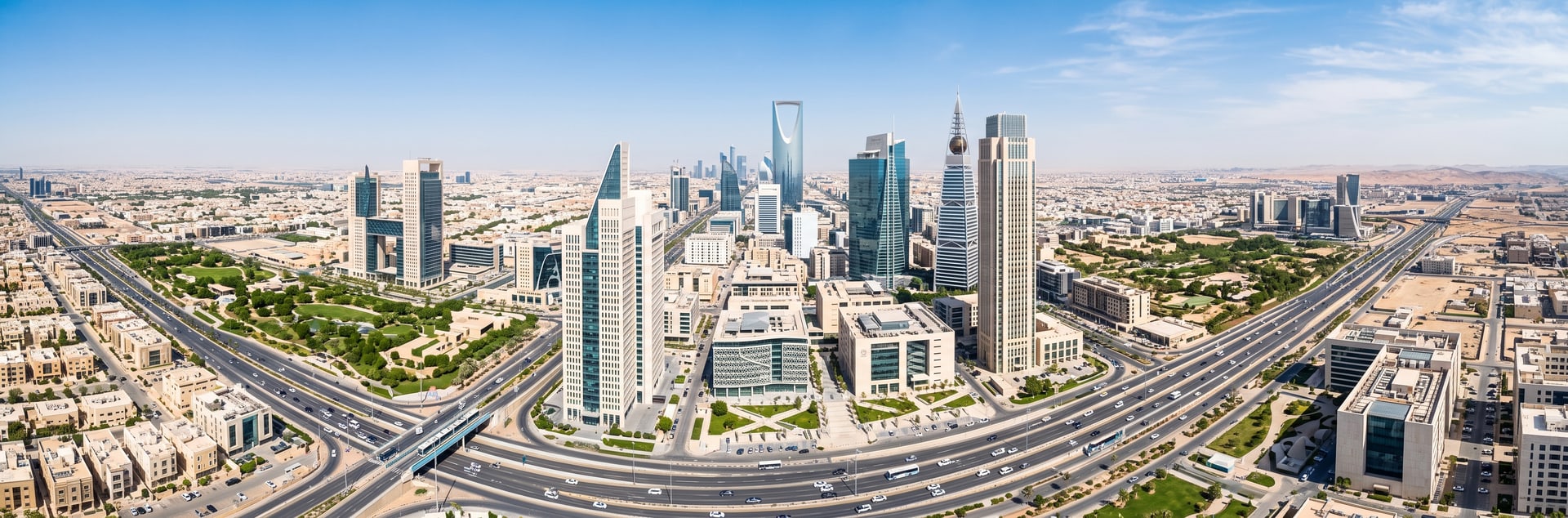 Panoramic artwork of Riyadh’s skyline and city roads