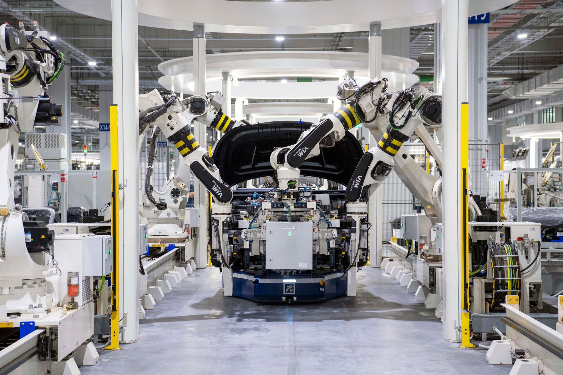Industrial robots on an automotive assembly line