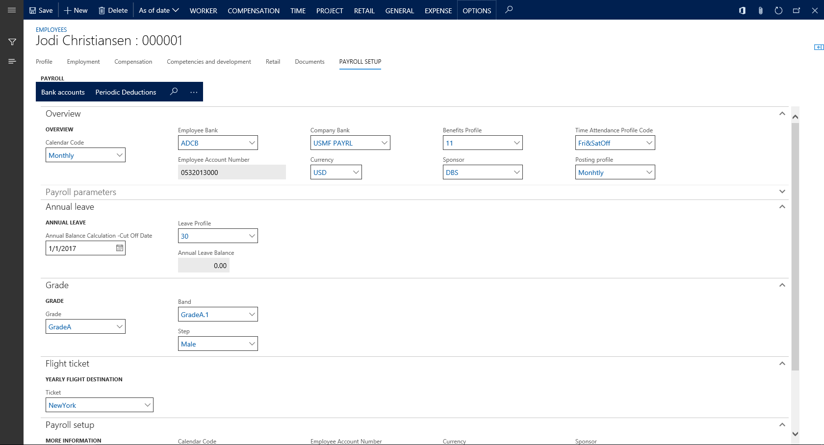 Employee payroll setup: bank, grade, leave and flight-ticket entitlements