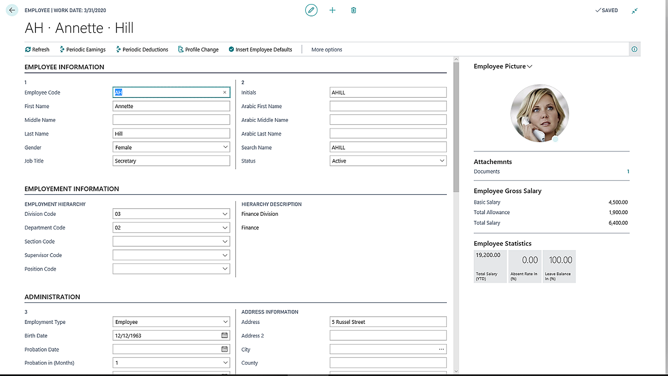 Employee card with statistics, allowances and payment details