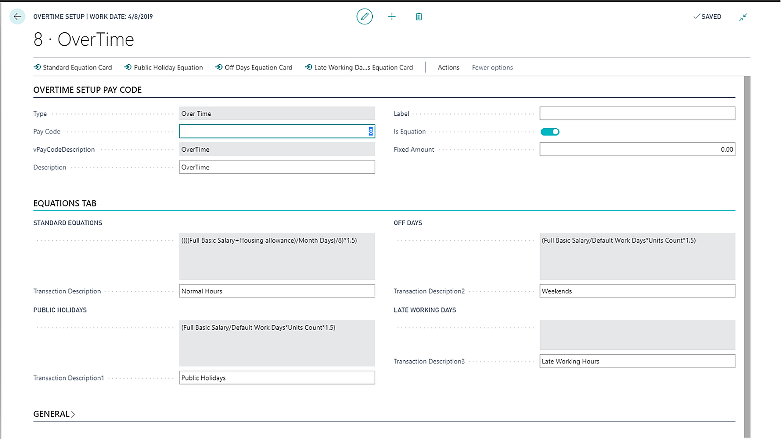 Pay code setup with calculation equations