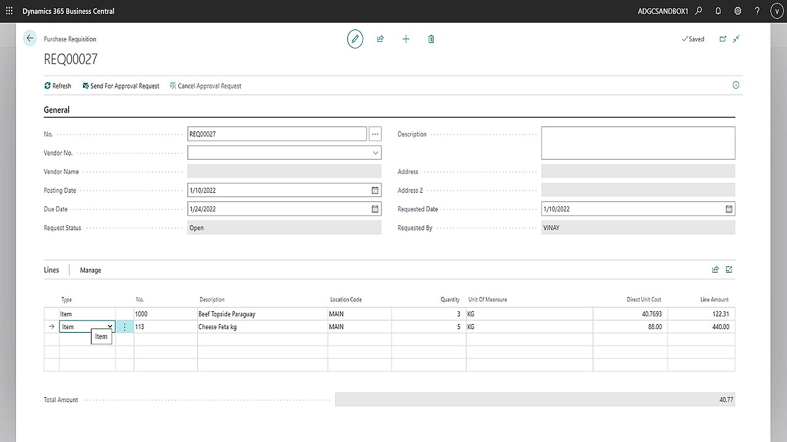 Purchase requisition with lines and approval workflow